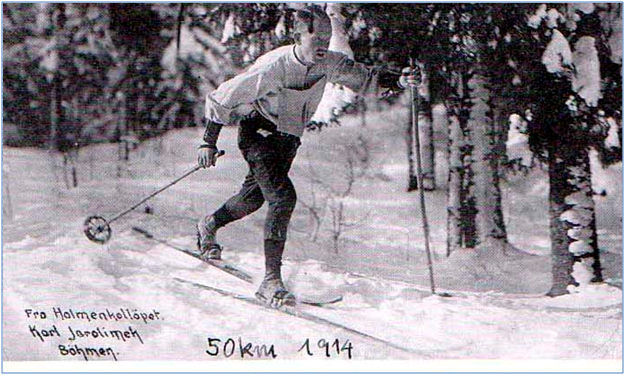 Karel Jarolímek 1914 na Holmenkollenu v závodě na 50 km